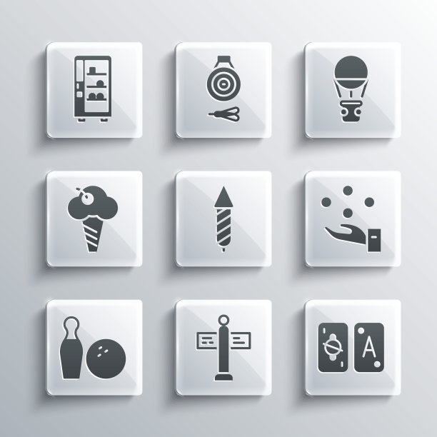 设置道路交通路标，塔罗牌，杂耍球，烟花火箭，保龄球瓶和，冰淇淋华夫饼蛋筒，自动售货机和热气球图标。向量图片下载