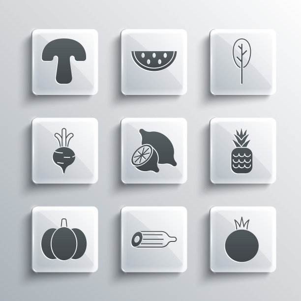 设置新鲜黄瓜，番茄，菠萝，柠檬，南瓜，甜菜，蘑菇和菠菜图标。向量图片下载