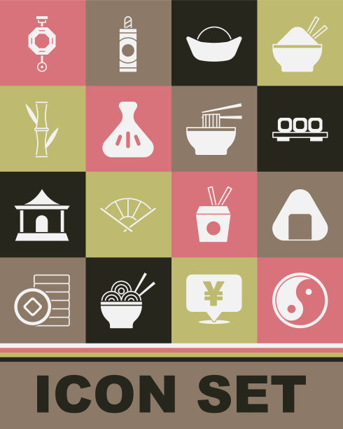 集阴阳，寿司，砧板，饺子，竹子，中国纸灯笼和亚洲面条碗图标。向量图片下载