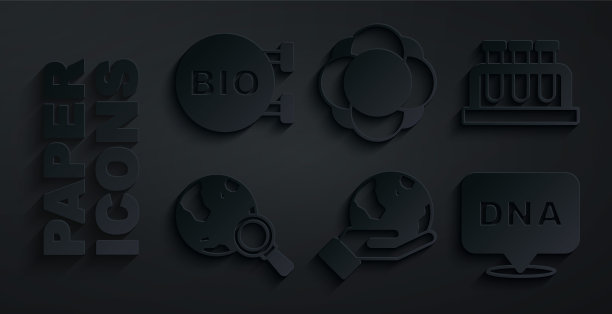 手持地球仪，试管烧瓶，放大镜，DNA符号，分子和生物健康食品图标。向量图片下载