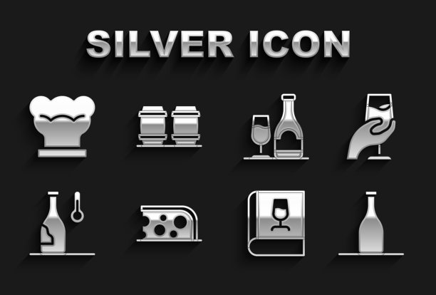 集奶酪、品酒、品酒、酒瓶、书约、温度、酒瓶配玻璃、厨师帽、木桶为图标。向量图片下载