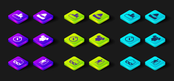 游泳眼镜，冲浪板，指南针，泳装，游艇，帆船和冠军领奖台图标。向量图片下载