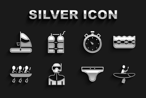 为潜水，游泳池，皮划艇和桨，泳裤，皮划艇团队运动，秒表，帆板和水浪图标设置潜水服。向量图片下载