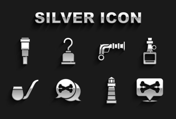 设置位置海盗，酒精饮料朗姆酒，灯塔，烟斗，老式手枪，望远镜望远镜镜头和海盗钩图标。向量图片下载