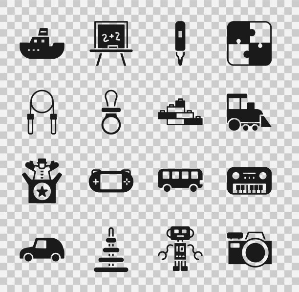 设置摄影相机，玩具钢琴，火车，记号笔，婴儿奶嘴，跳绳，船和积木图标。向量图片下载