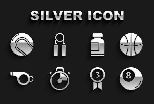 设置秒表，篮球，台球桌球斯诺克，奖牌，哨子，运动营养，棒球和扩展器图标。向量图片下载