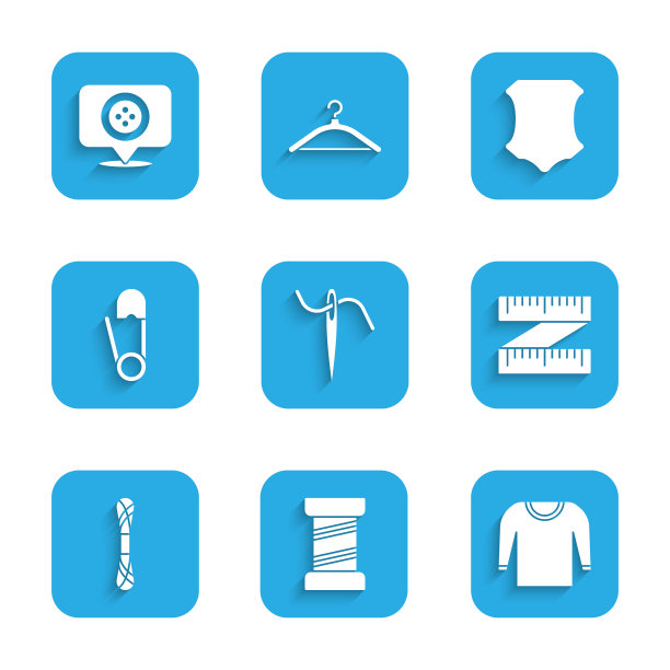 套针缝纫与线，缝纫，毛衣，卷尺，纱线，安全别针，皮革和位置裁缝店图标。向量图片下载