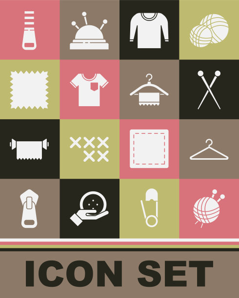 集纱线球针织针，衣架衣柜，编织，毛衣，t恤，皮革，拉链和图标。向量图片下载