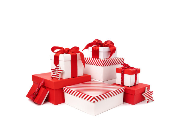 一套红色和白色的礼品盒在白色孤立的背景图片下载