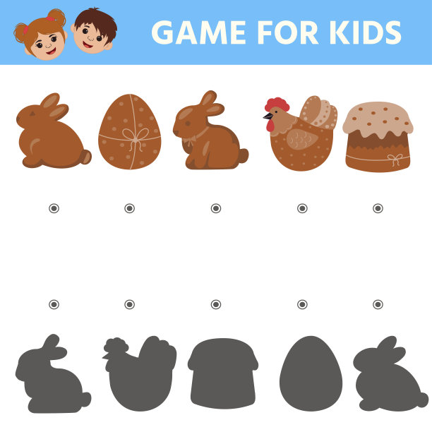 儿童教育游戏。找出这幅画与影子的对应关系。复活节姜饼。图片下载