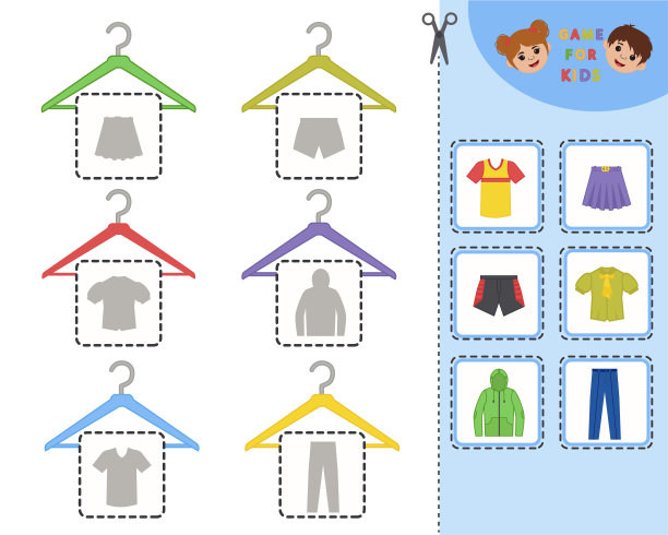 儿童服装教育游戏。找到并把衣服挂在衣架上。孩子学习材料。图片下载