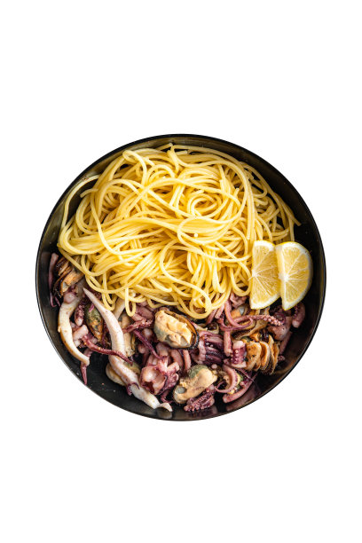 海鲜意大利面，贻贝意大利面，鱿鱼，章鱼，虾鲜餐小吃复制空间食品背景图片下载