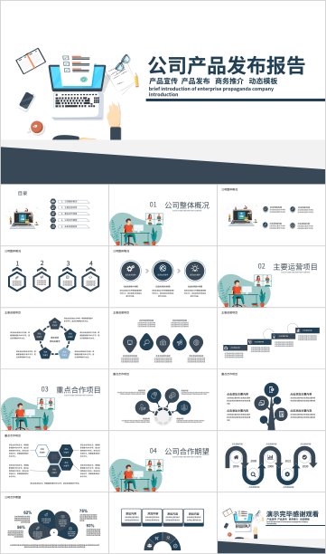 扁平风2.5D公司产品发布报告PPT模板图片下载