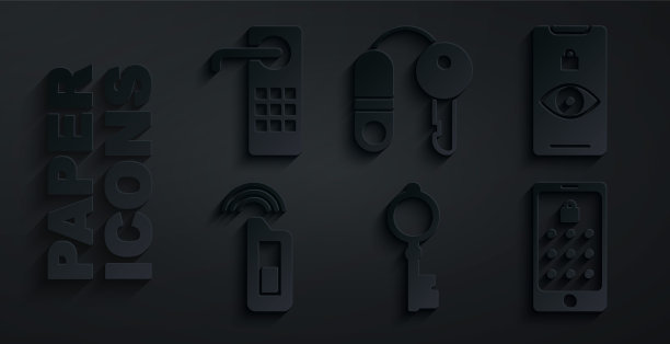 设置旧钥匙，眼睛扫描，汽车与远程，移动和图形密码，房子和数字门锁图标。向量图片下载