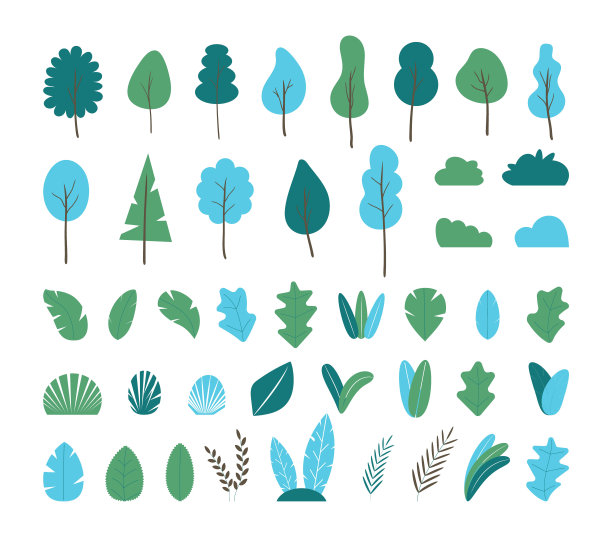 大组的树。植物，树木，热带树叶收集载体。树枝，灌木丛，冷杉标志。丛林自然图片下载