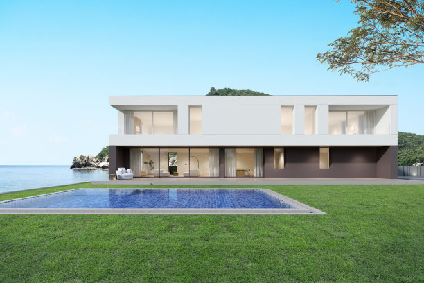3d渲染的现代豪华住宅与游泳池的海洋背景。图片下载