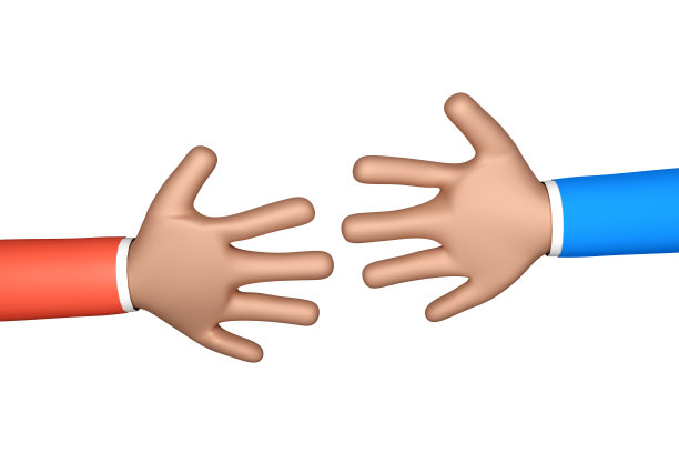 卡通手挽着红蓝袖子互相伸出来。白色背景上的插图。3 d渲染。图片下载