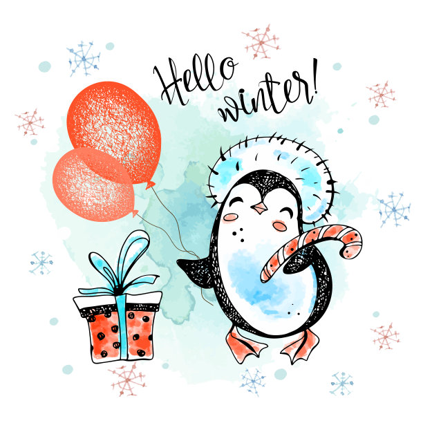 有趣的企鹅女孩和气球。情人节。情人节。水彩,图形。向量图片下载