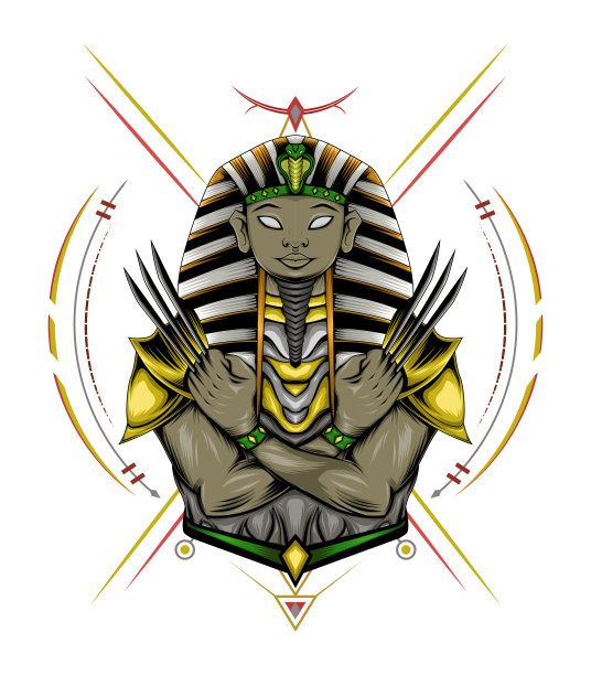 图坦卡蒙与金刚狼爪在神圣几何背景下的插画图片下载