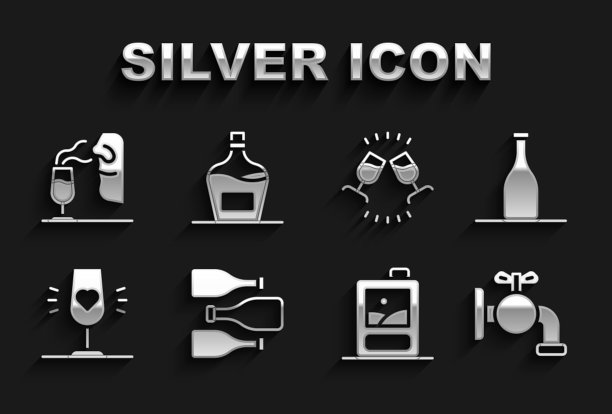 设置酒瓶，Tap为一个桶，纸板箱，葡萄酒杯，品尝，品尝，侍酒师和旧瓶图标。向量图片下载