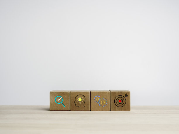 商业战略和行动计划的概念。四个带有商业战略图标符号的木制方块放在白色背景的木桌上，有复制空间。图片下载