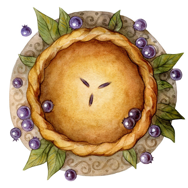 水彩插图与蓝莓派。孤立在白色背景上。可用于明信片，贴纸和菜单。图片下载
