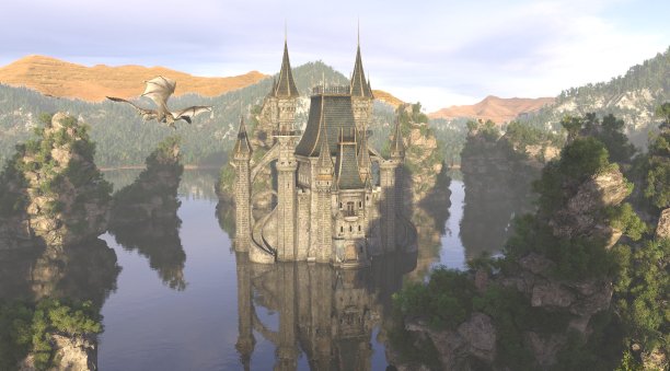 三维插图的一个城堡在水和龙图片下载