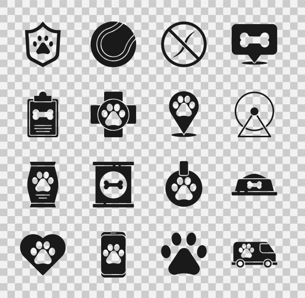 设有兽医救护车，宠物食品碗，仓鼠轮，抗虫寄生虫，诊所，宠物临床记录，动物健康保险和定位兽医图标。向量图片下载
