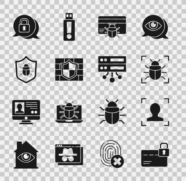 设置信用卡与锁，人脸识别，系统错误，在信用，盾牌砖墙，网络安全和服务器，数据，网络主机图标。向量图片下载