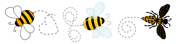 一套卡通蜜蜂吉祥物。一只小蜜蜂在一条布满星点的航线上飞行。黄蜂集合。矢量字符。乱伦图标。邀请函、卡片的模板设计。涂鸦风格图片下载