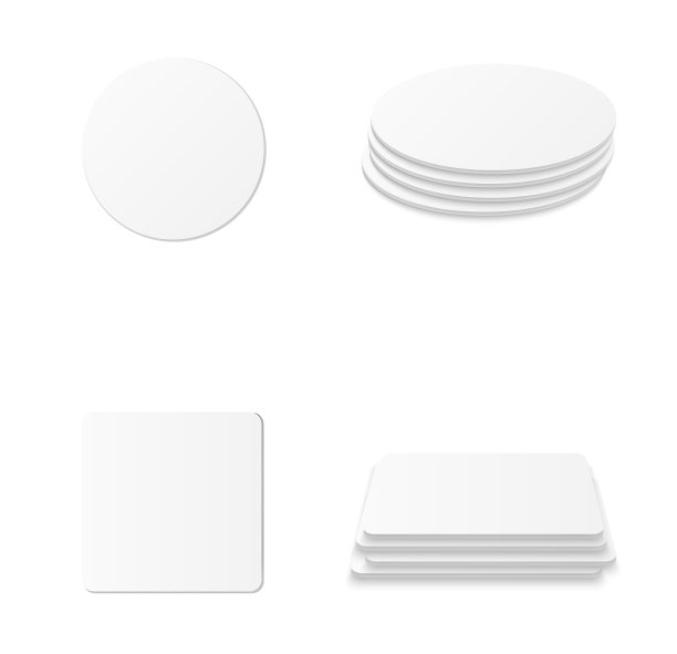 圆形和方形的啤酒杯。空的白色模型。啤酒杯、茶杯保护杯垫，白色背景下隔离。品牌模板矢量插图。图片下载