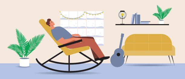 男人在摇椅，hygge房间，平面矢量股票插图与冬季室内与吉他和放松的人图片下载