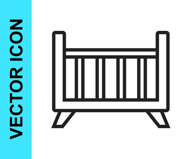 黑色线婴儿床摇篮床图标孤立在白色背景。向量图片下载
