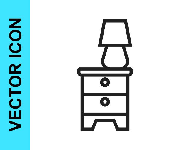黑色线条家具床头柜与灯图标隔离在白色背景。向量图片下载