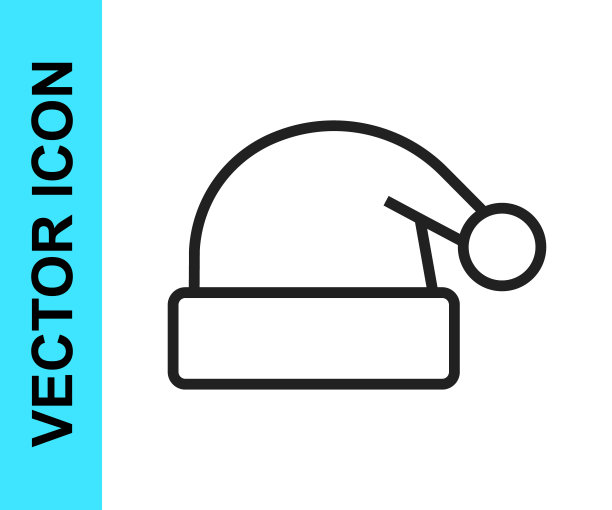 圣诞老人帽子图标，黑色线条，白色背景。圣诞快乐，新年快乐。矢量素材图片下载