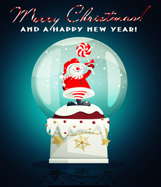 新年快乐，圣诞快乐!卡通圣诞雪球与一个雪人在节日的彩色背景。创造性的仙女卡。图片下载