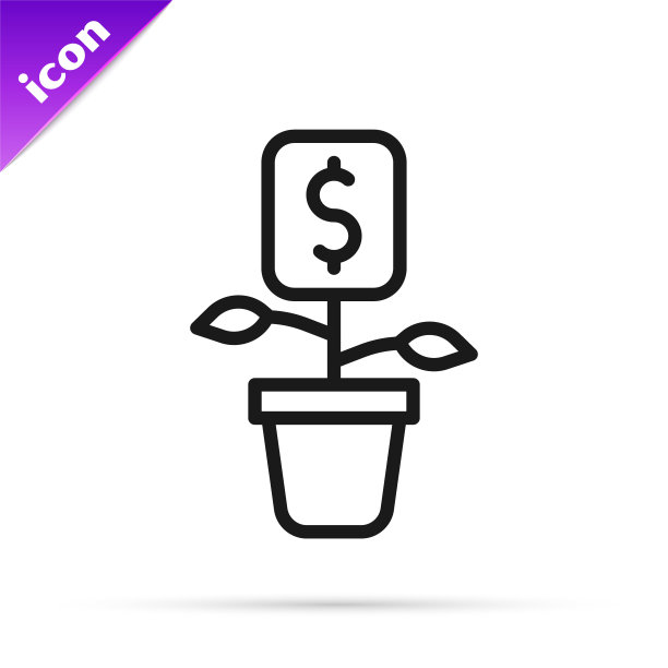 黑线美元植物图标孤立在白色背景。商业投资增长概念。储蓄和投资。向量图片下载