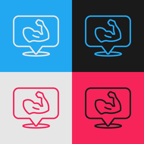 波普艺术线条健美展示他的肌肉图标孤立的颜色背景。健身力量健康爱好概念。向量图片下载