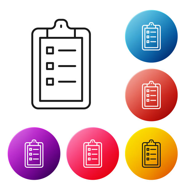 黑色线美容沙龙价格表图标孤立在白色背景。设置图标彩色圆形按钮。向量图片下载