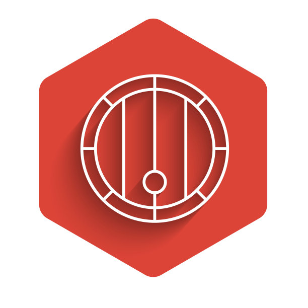 白线木桶图标孤立与长阴影。酒桶，饮料容器，啤酒，威士忌，葡萄酒的木桶。红色的六角按钮。向量图片下载