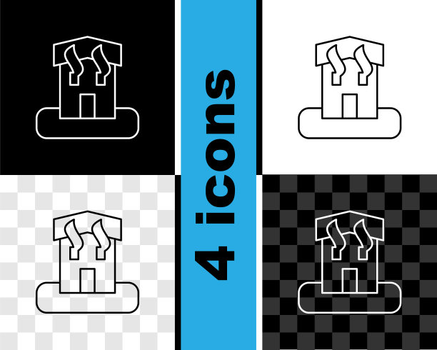 设置线纵火家图标隔离在黑白，透明的背景。在建筑。从办公室窗户冒出的火焰。燃烧设备。自然灾难。向量图片下载