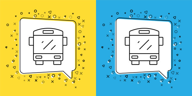 在黄色和蓝色背景上设置线路总线图标隔离。运输的概念。巴士旅游交通标志。旅游或公共车辆标志。向量图片下载