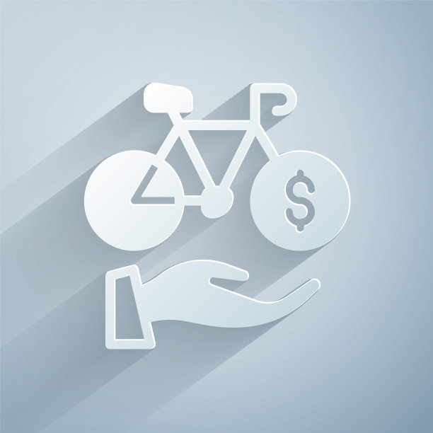 剪纸自行车租赁移动应用程序图标孤立在灰色背景。城市自行车租赁智能服务。手机应用程序共享系统。纸艺术风格。向量图片下载