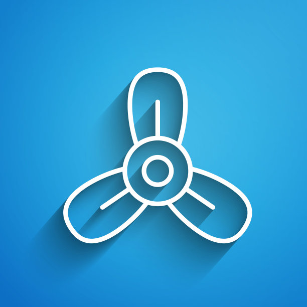 白线船螺旋桨，涡轮机图标孤立在蓝色背景。长长的阴影。向量图片下载