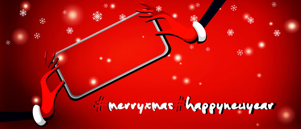 圣诞快乐，恭贺新禧!圣诞老人女孩的手拿着手机，在圣诞彩色背景下点缀着雪花。时尚的新年节日插图。图片下载