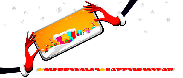 圣诞快乐，恭贺新禧!圣诞老人女孩的手拿着手机在孤立的白色背景与雪花。时尚的新年节日插图。图片下载