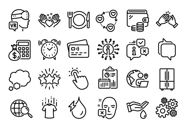 向量集合的Hold心，网页搜索和餐厅食物线图标集合。向量图片下载