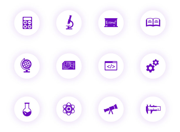 浅色圆形按钮上的紫色科学矢量图标，带有紫色阴影。 用于Web、移动App、UI设计和打印的科学图标集图片下载