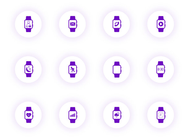 智能手表紫色矢量图标上的圆形按钮带有紫色阴影。智能手表图标设置网页，移动应用程序，UI设计和打印图片下载