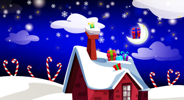 卡通风格的童话屋屋顶上的圣诞礼物。节日圣诞创意卡片或传单。图片下载